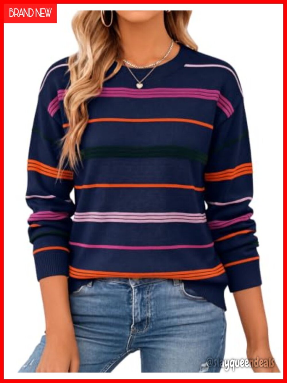 Striped Knit Pullover Sweater Rainbow Casual Crew Neck Long Sleeve